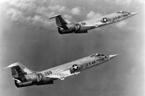 Formation of two Lockheed F-104A-15-LO (S/N 56-0769 and 56-0781). (U.S. Air Force photo)